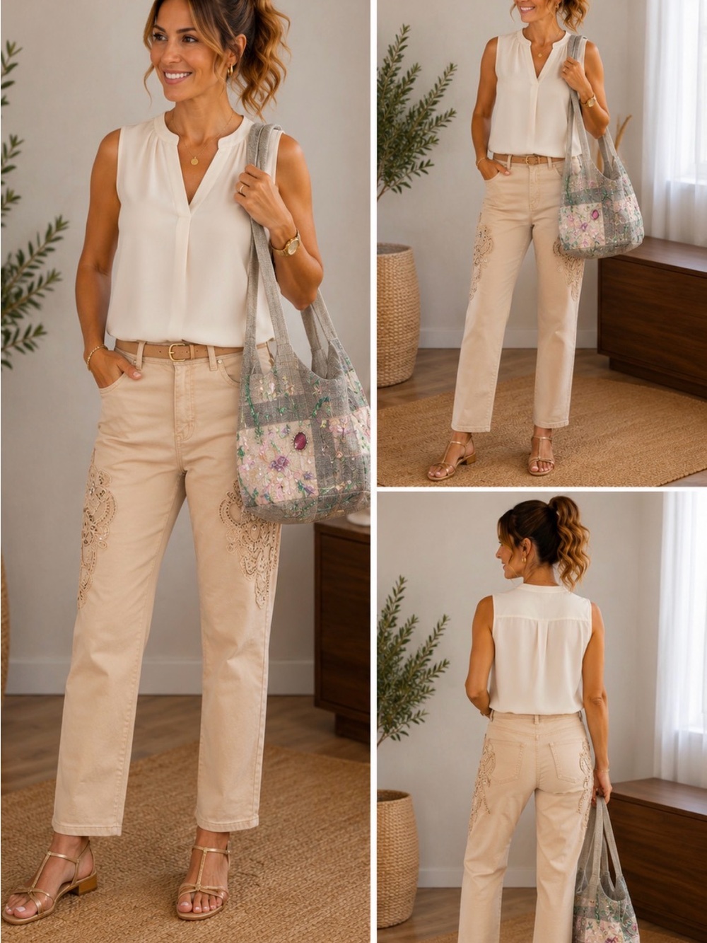 Black Label BY CHICO’S Beige Embroidered Cropped Women’s Jeans
